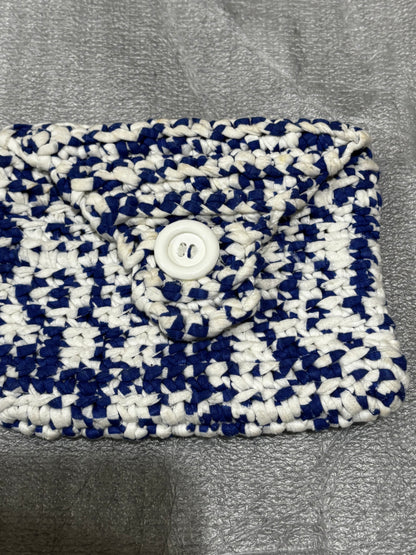Handmade, crochet, blue and white handbag with matching wallet