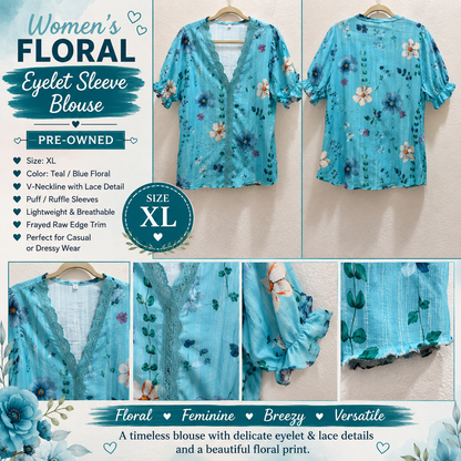 Turquoise V-Neck Lace Collar Blouse Floral by Pattern