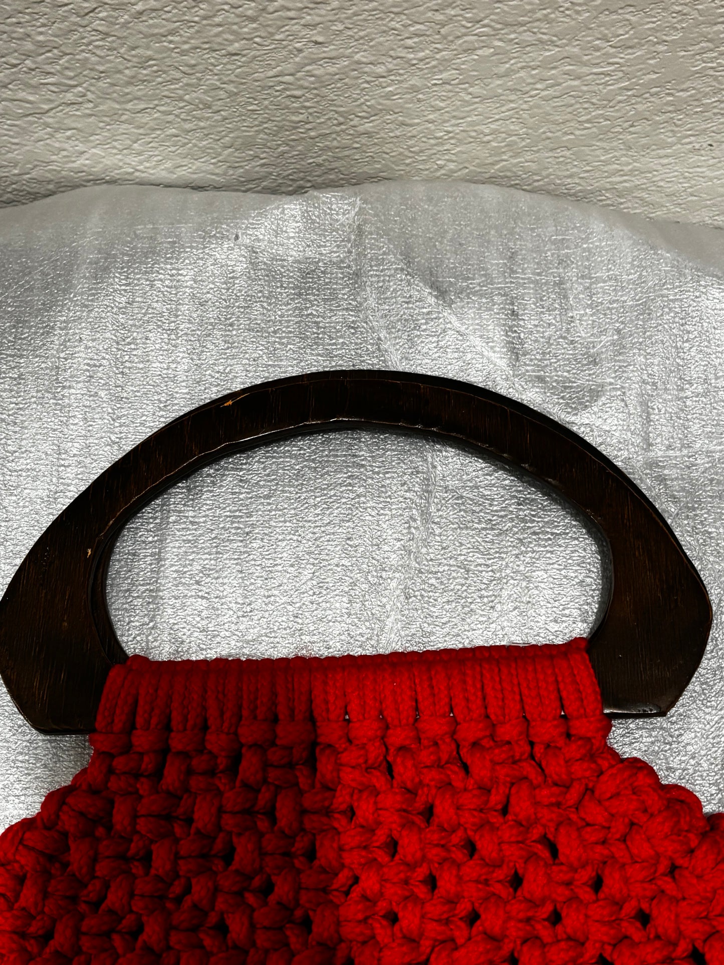 Handmade crochet red handbag with wood handles