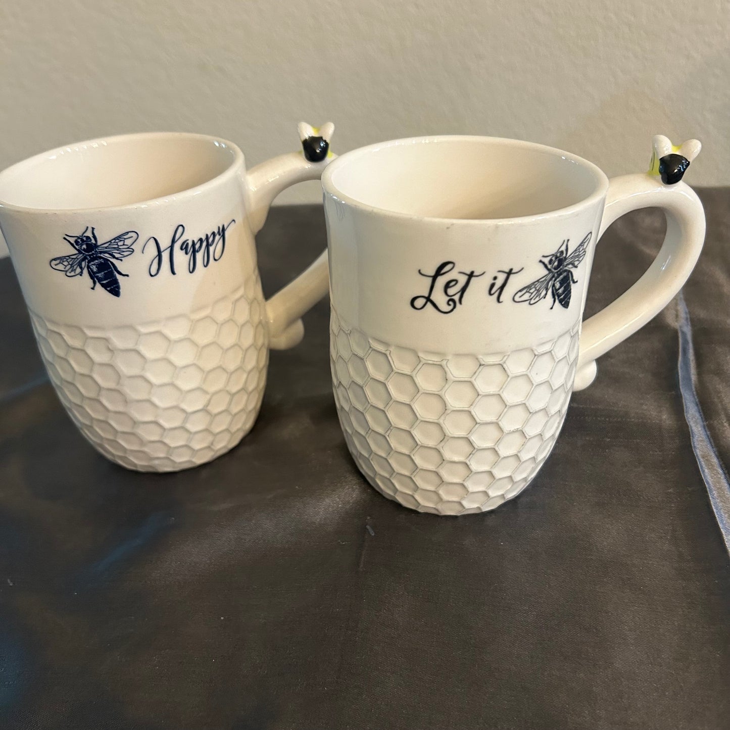 Mugs Beehive Design w/ “Bee Happy” “Let It Bee” White and Black honeycomb Design set of 2