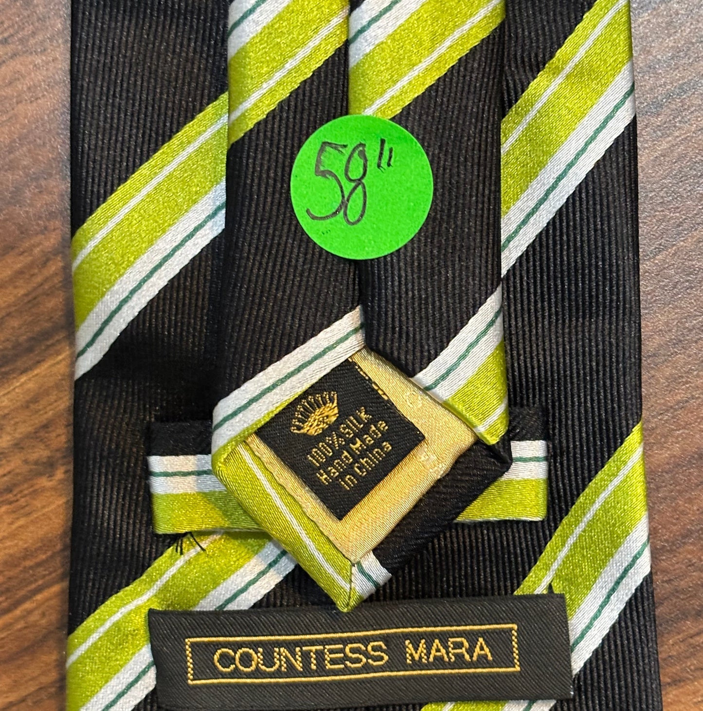 Countess Mara Black w/ Green and White Stripes Tie 58” 100% Silk