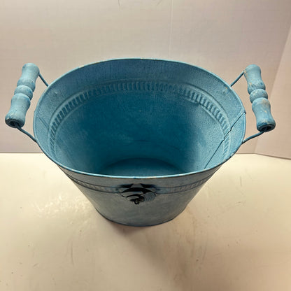 Blue Metal Bucket with floral Decor hand handles