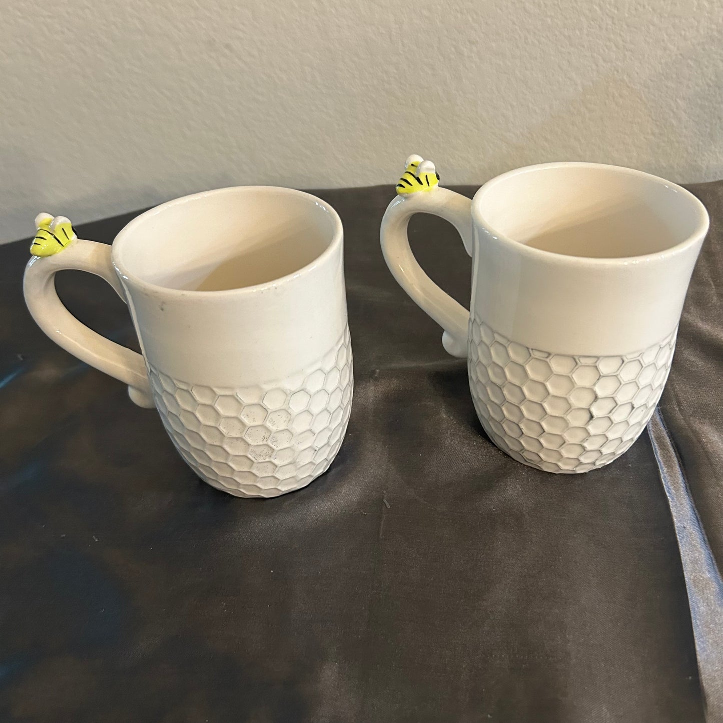 Mugs Beehive Design w/ “Bee Happy” “Let It Bee” White and Black honeycomb Design set of 2