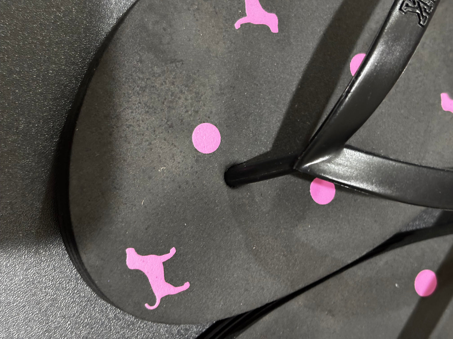 PINK Women’s Black Flip Flops with pink dog and polka dot design