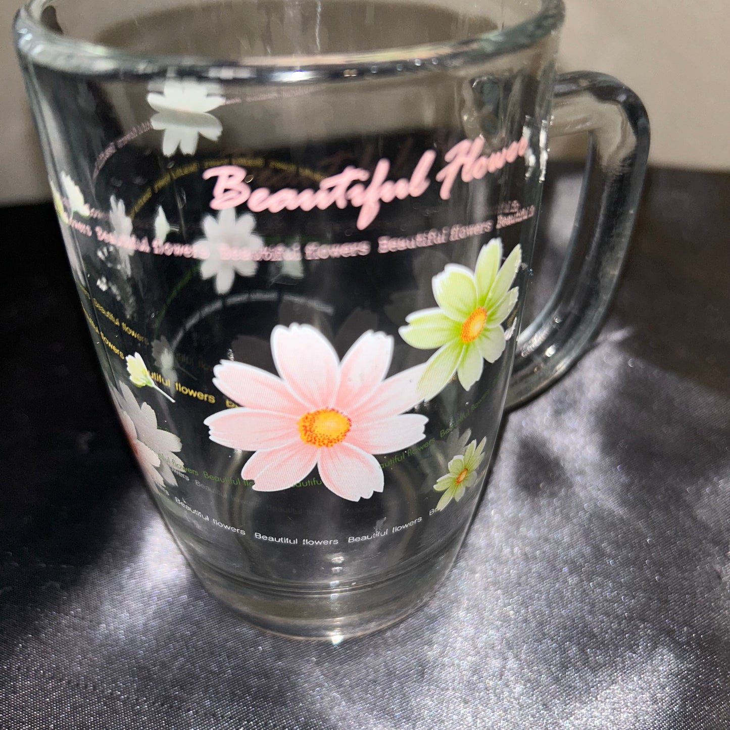 Mugs Clear Glass with Beautiful Floral Design set of 2 8oz