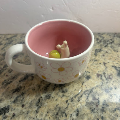 Pink and White Mug with Exterior Flowers & Cute Snail in Center