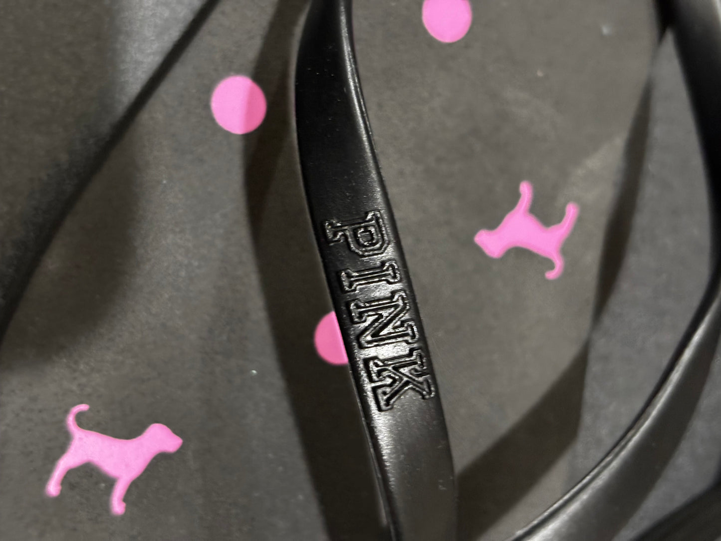 PINK Women’s Black Flip Flops with pink dog and polka dot design