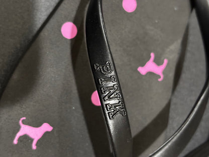 PINK Women’s Black Flip Flops with pink dog and polka dot design