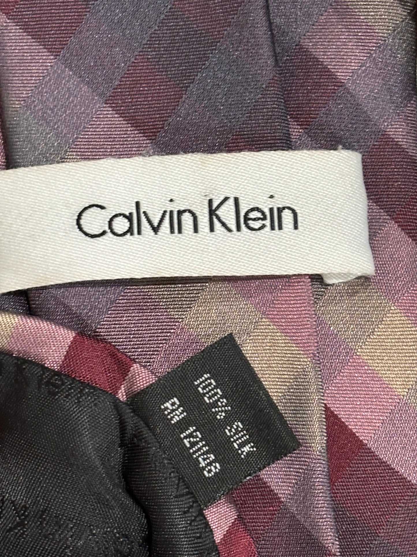 Calvin Klein Burgundy, Pink, Gray Plaid Tie 100% Silk 57”