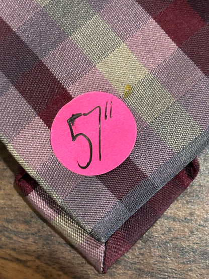 Calvin Klein Burgundy, Pink, Gray Plaid Tie 100% Silk 57”