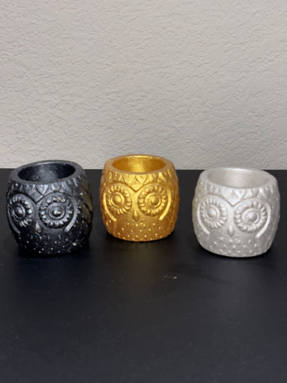 Owl Tealignt Holders.  Set of 3 black gold silver