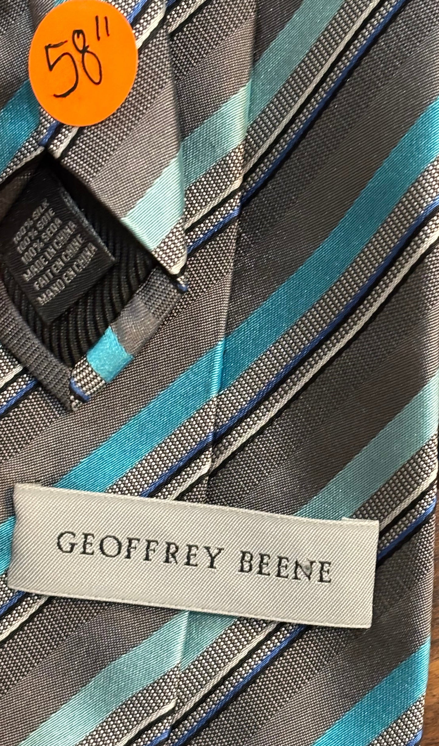 Geoffrey Beene Gray & Turquoise Blue Striped Tie 58” 100% Silk