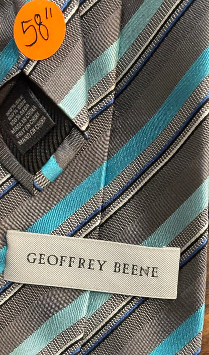 Geoffrey Beene Gray & Turquoise Blue Striped Tie 58” 100% Silk