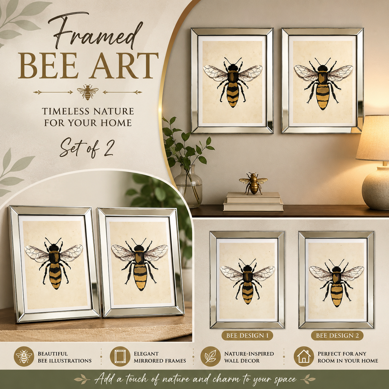 Bee Themed Mirror Framed Wall Art 8x11” set of 2