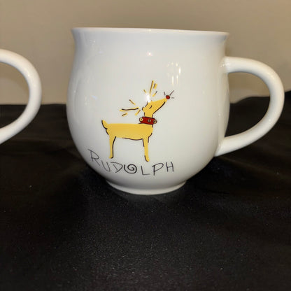 Pottery Barn large White ceramic mugs, set of two “Rudolph” Raindeer