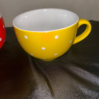 Polkadot ceramic coffee mugs Red blue, yellow, green large size set of 4