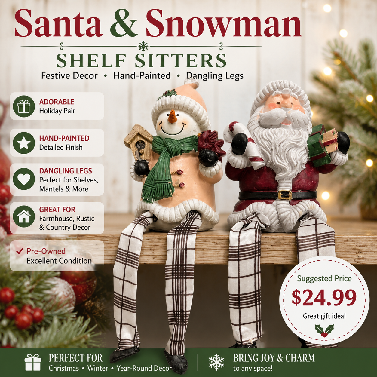Santa and Snowman shelf sitters set of 2