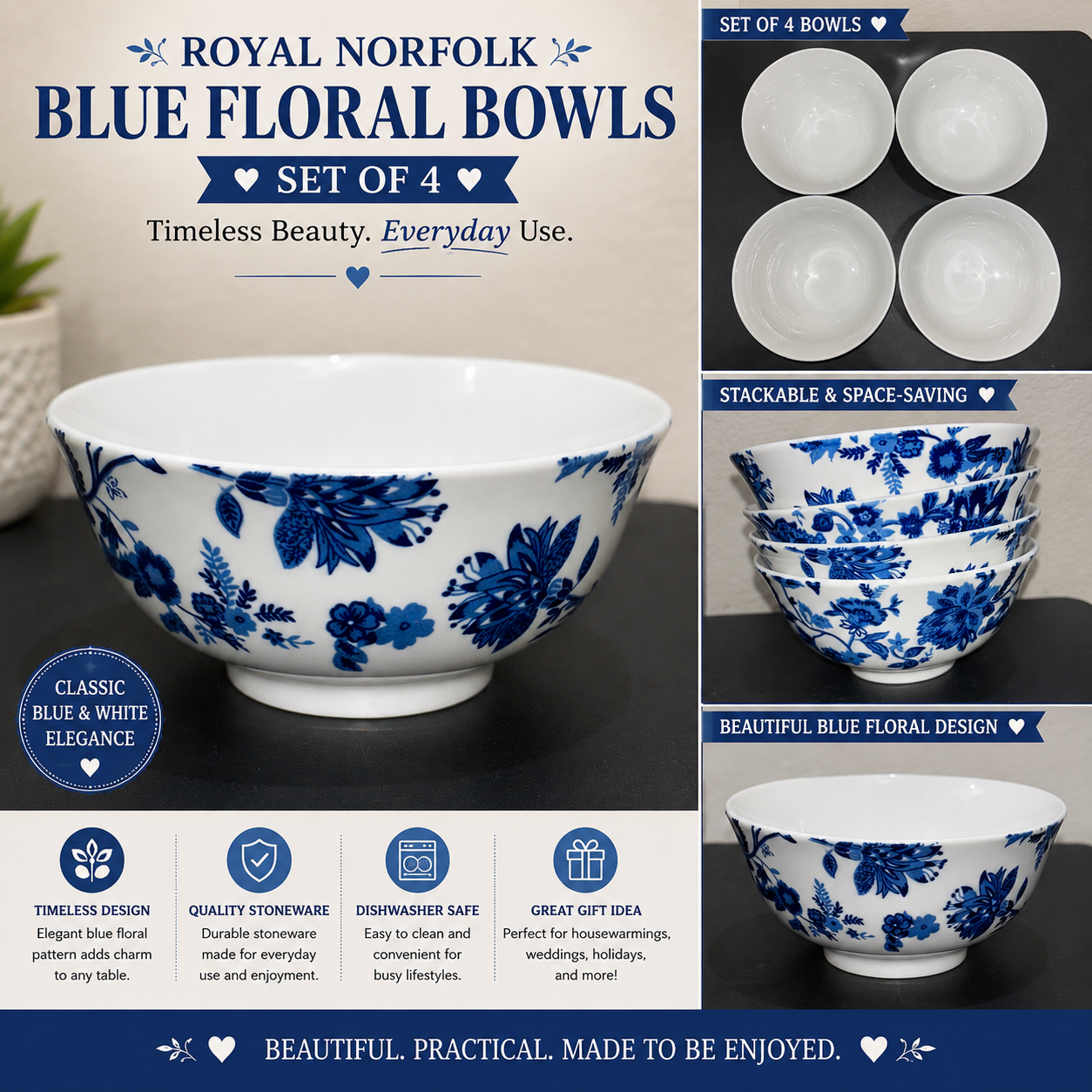 Royal Norfolk Blue/White Floral Ceramic Bowls set of 4