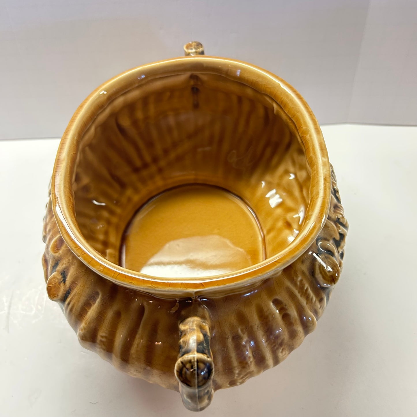 Vintage Ceramic Brown Glazed Pottery with Leaf design and Handles