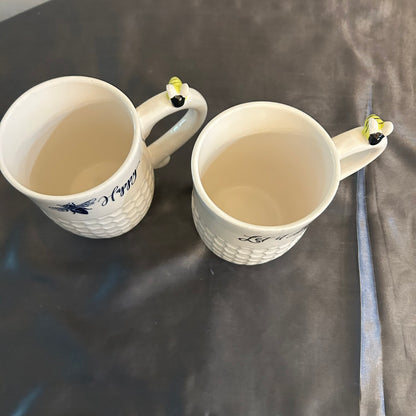 Mugs Beehive Design w/ “Bee Happy” “Let It Bee” White and Black honeycomb Design set of 2