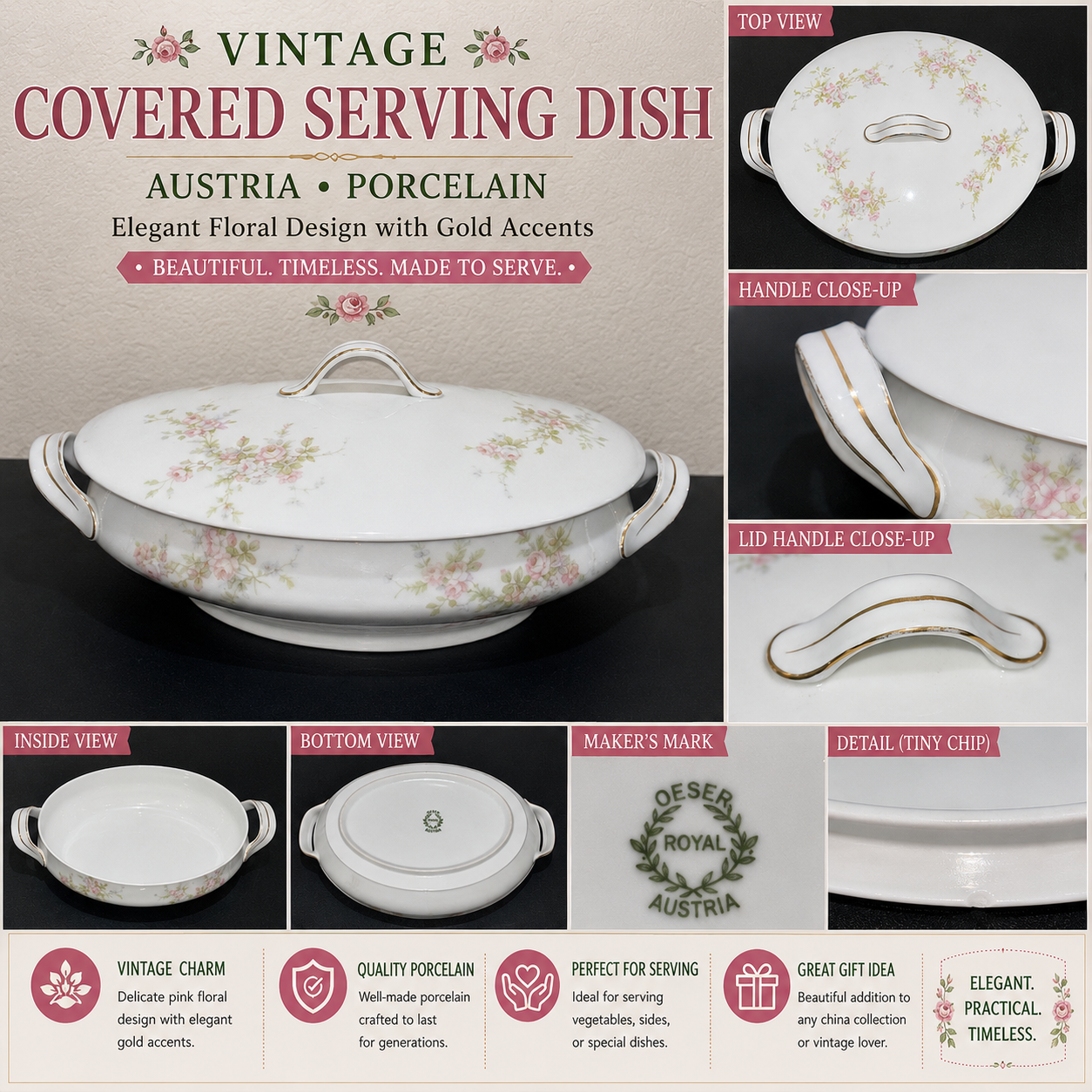 Vintage Porcelain Serving Dish with lid and handles made in Austria