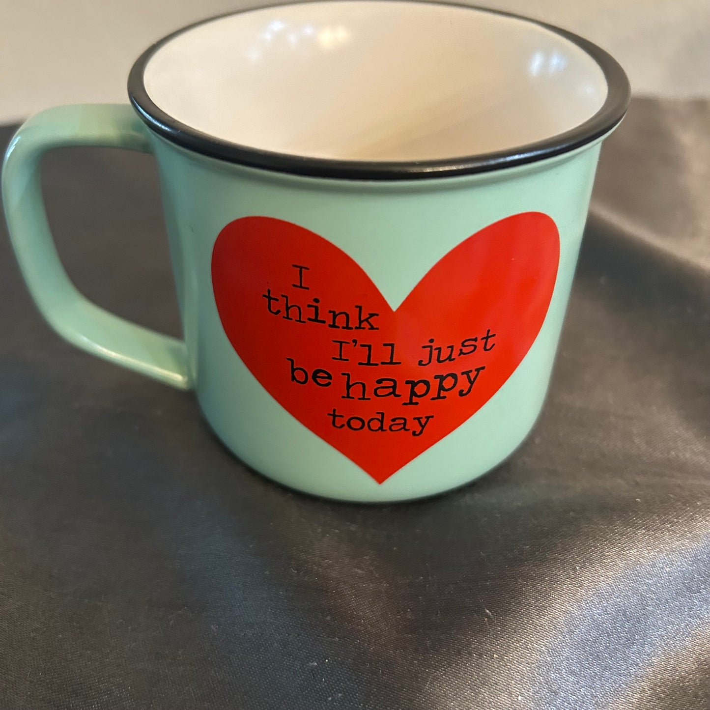 Mug Teal and Red with Heart design “I Think I’ll Just Be Happy”