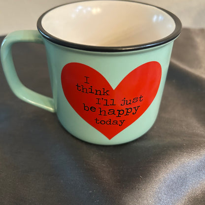 Mug Teal and Red with Heart design “I Think I’ll Just Be Happy”