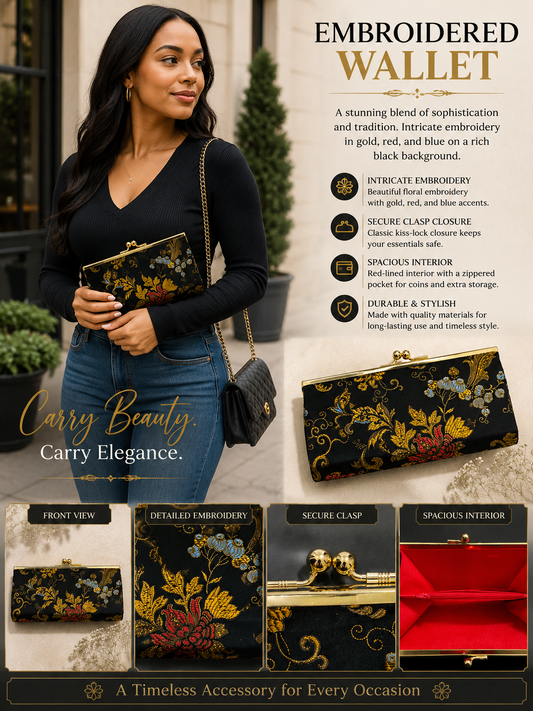 Black Oriental Floral designed Wallet