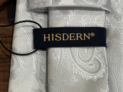 HISDERN Handmade Light Gray Tie w/ Paisley Designs 59”