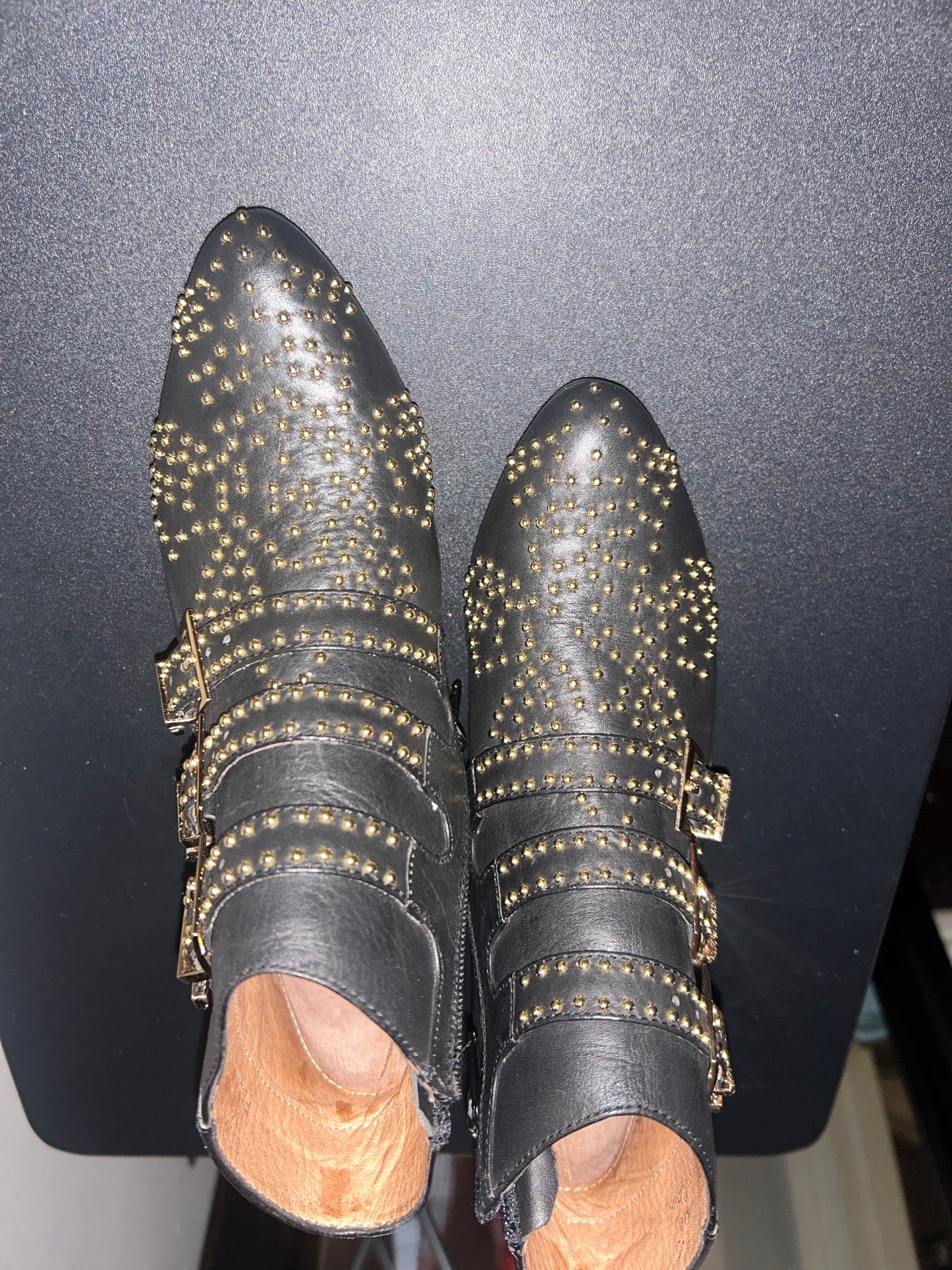 Jeffrey Campbell Starbursts Black leather ankle booties with gold stud, design women’s size 6.5