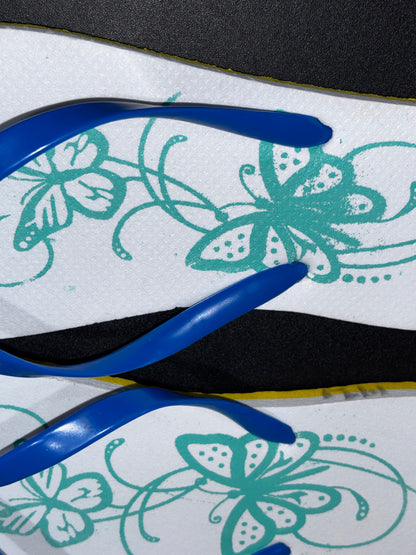 White Blue Flip Flops with Butterfly design size 42. (10/10.5)