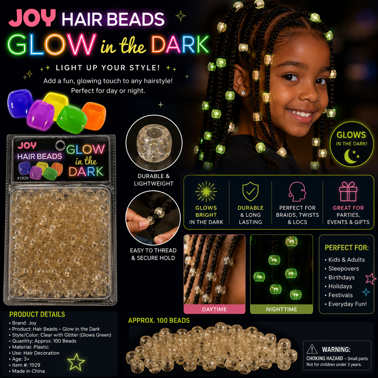 Glow in the dark hair beads
