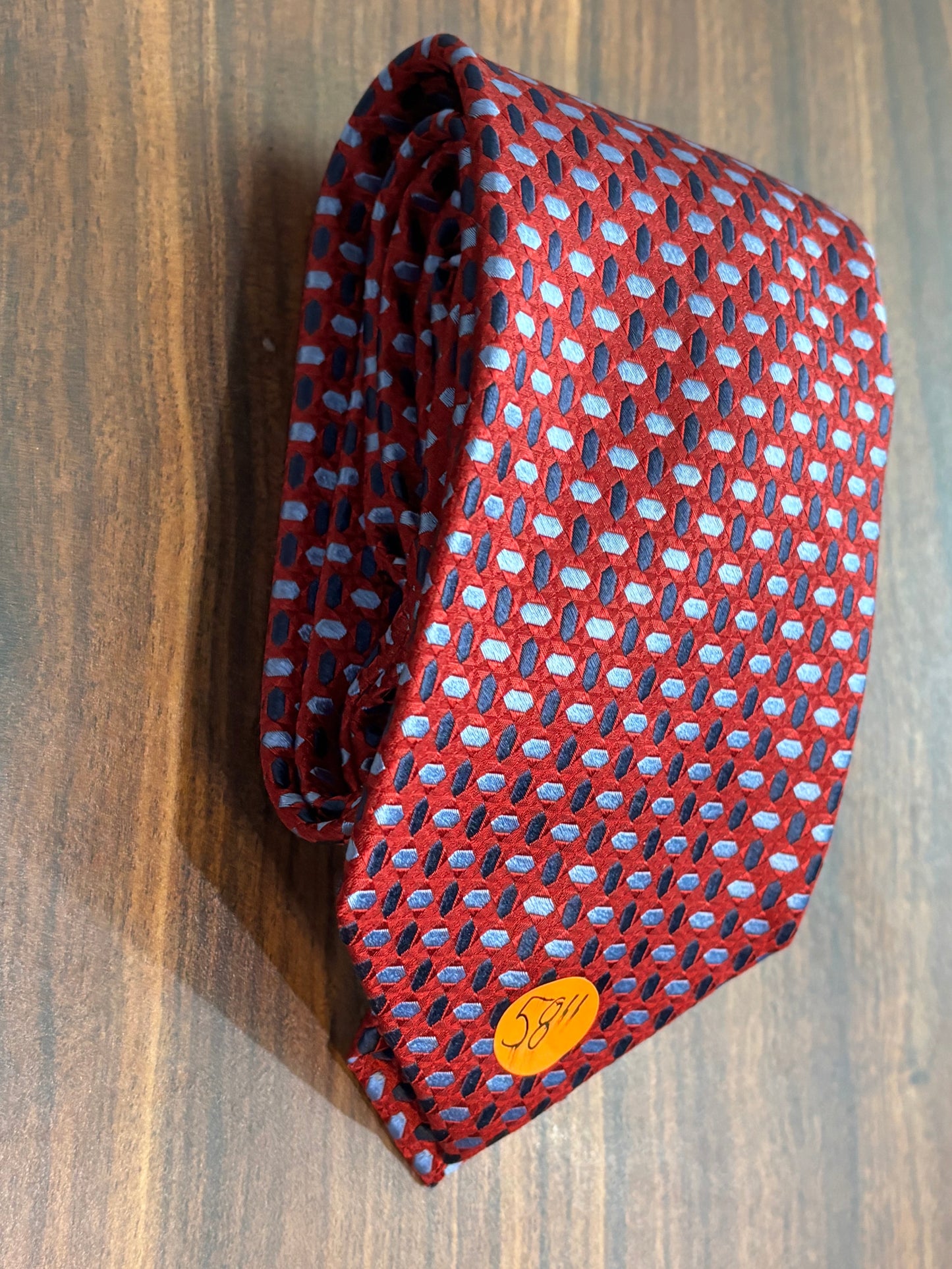 Burma-Bibas Red w/Navy and Light Blue Polka Dot Pattern Tie 58” 100% Silk