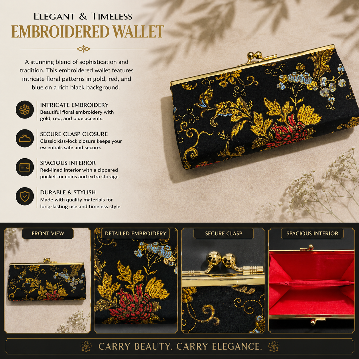 Black Oriental Floral designed Wallet