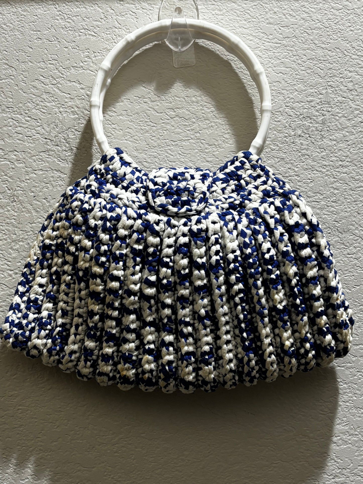 Handmade, crochet, blue and white handbag with matching wallet