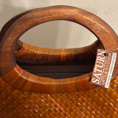 Rattan Woven Tote with Wood Handle NWT 10H x15W