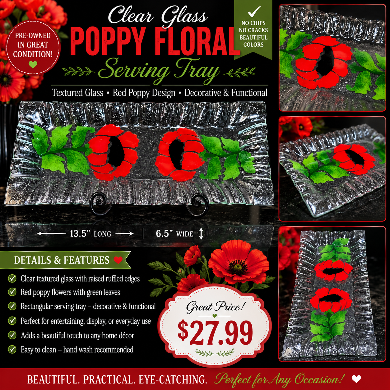Red Poppy Floral Serving Tray