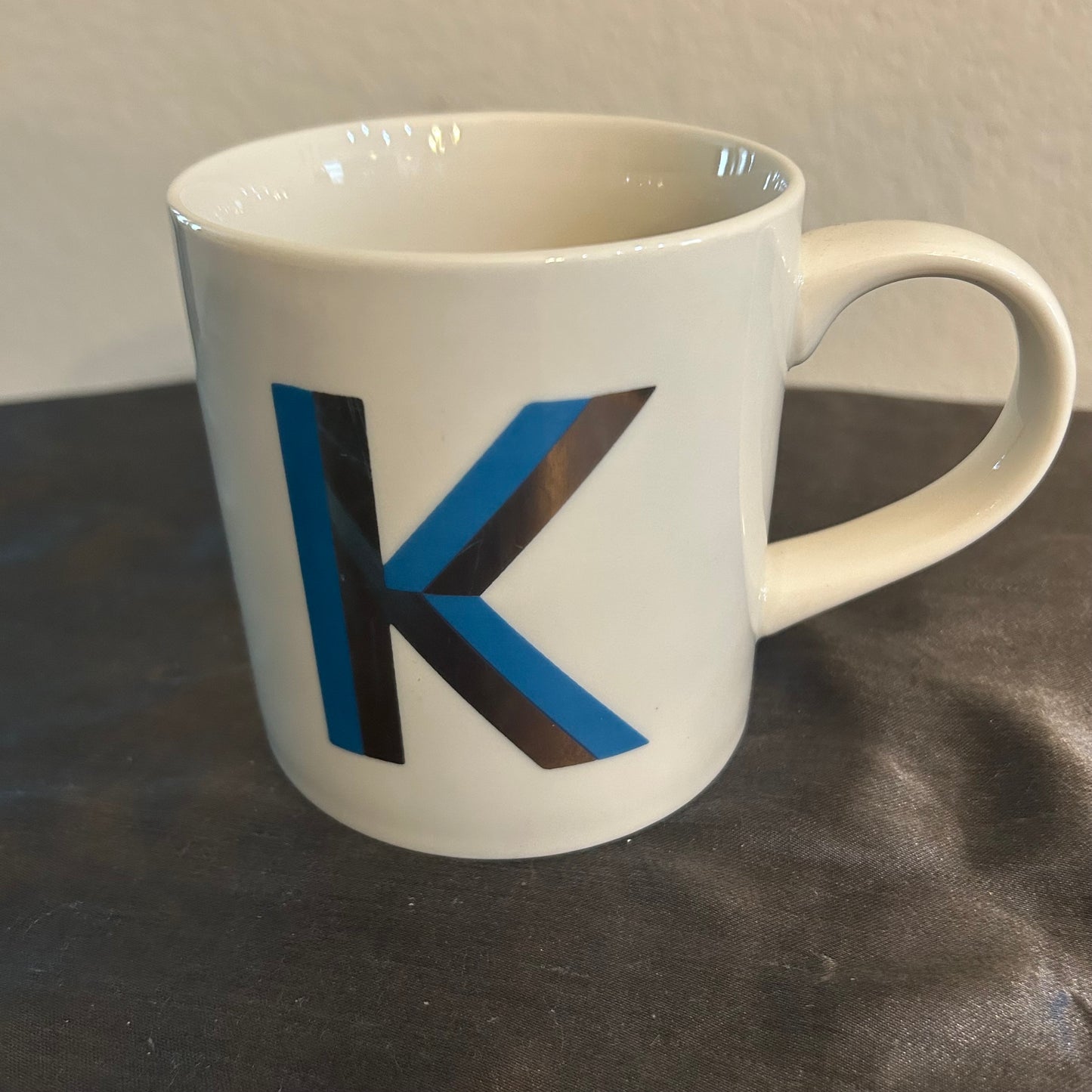 Mug White w/ Blue and Gold Monogram “K”
