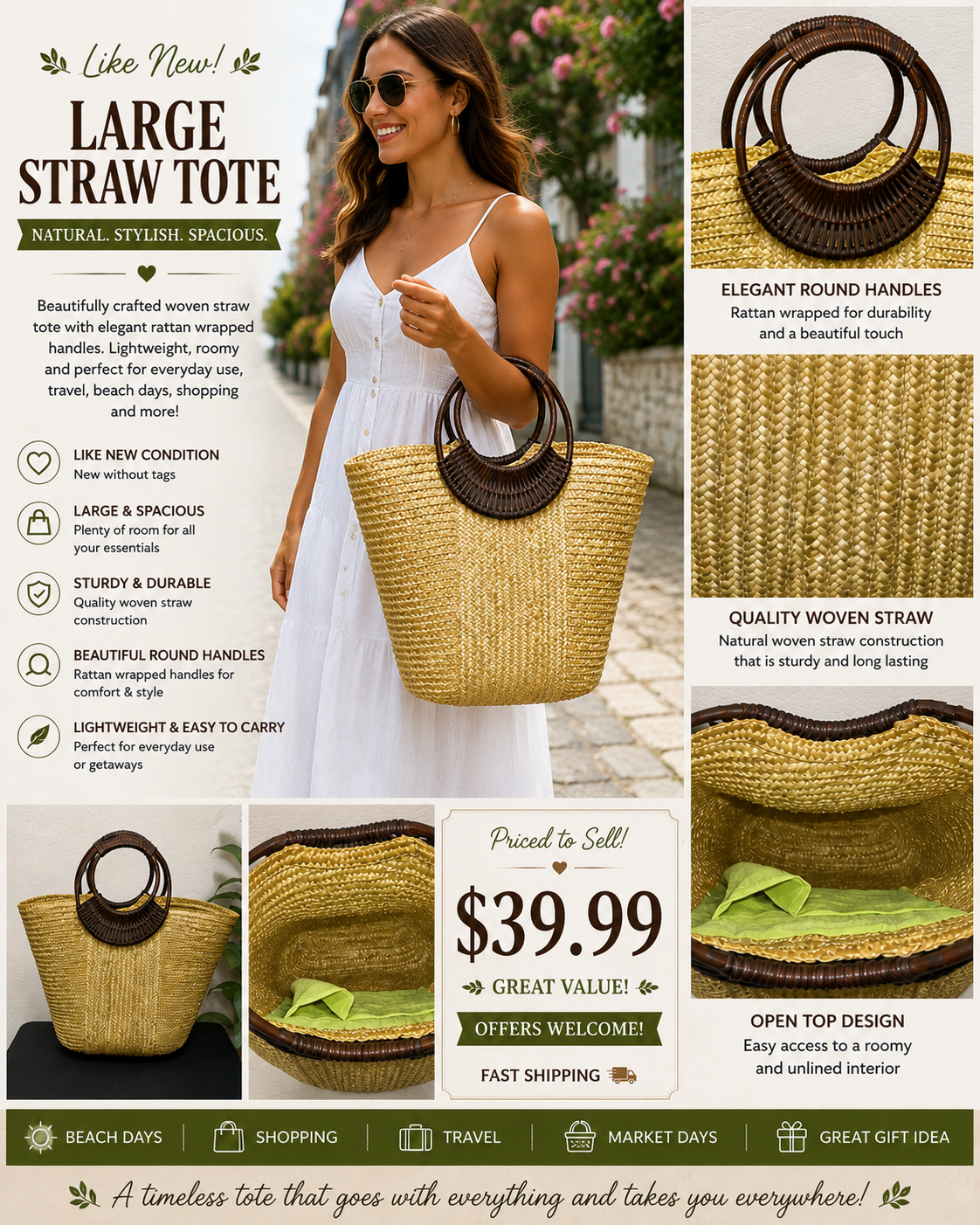 Brown Handle Large Straw Tote