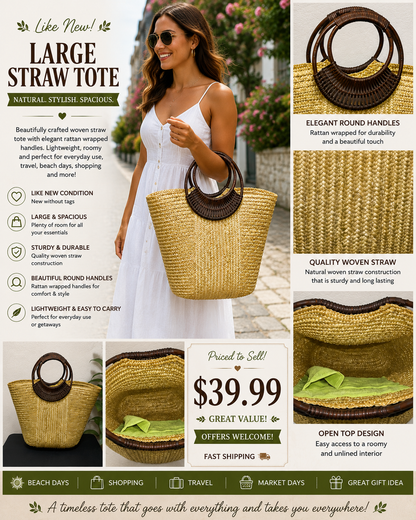 Brown Handle Large Straw Tote