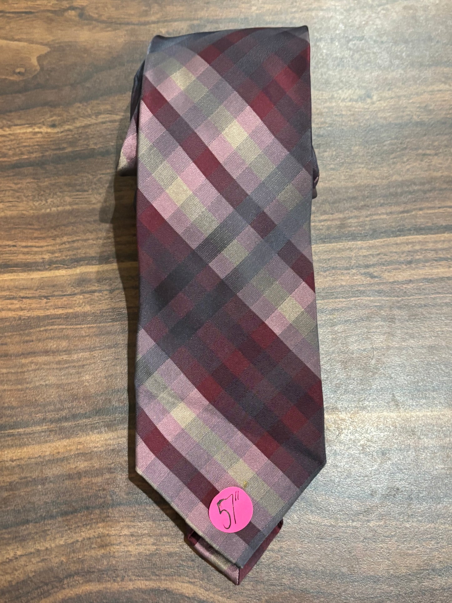 Calvin Klein Burgundy, Pink, Gray Plaid Tie 100% Silk 57”