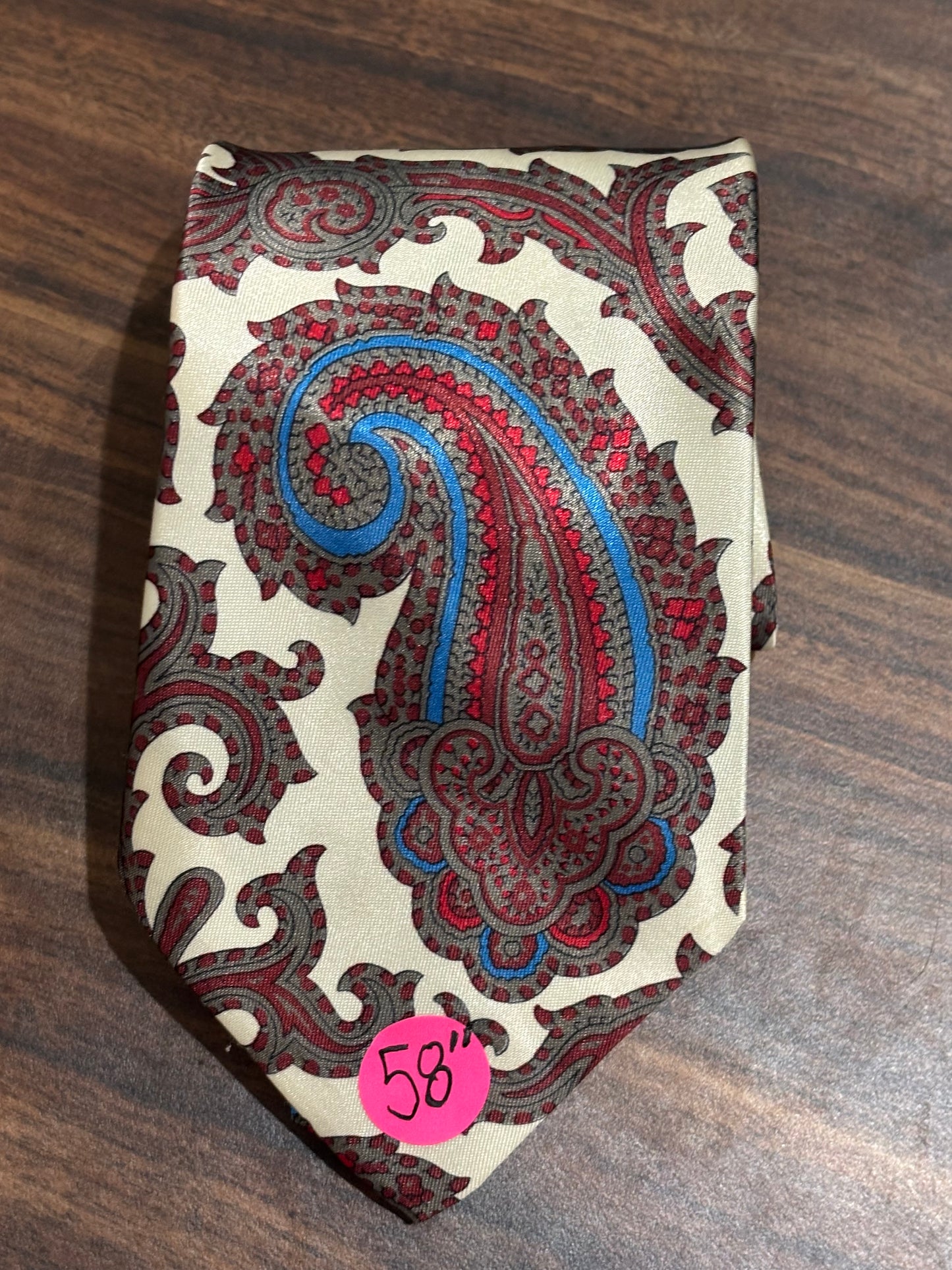 Cream, Blue, Red, Paisley Design Tie 100% Polyester 58”
