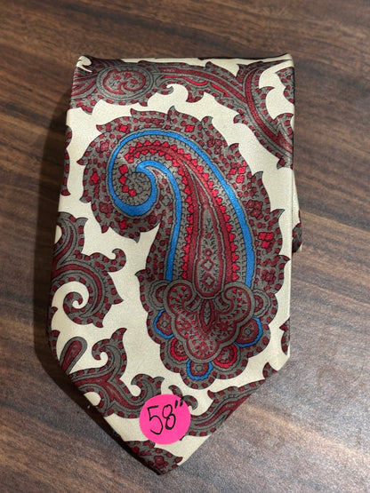 Cream, Blue, Red, Paisley Design Tie 100% Polyester 58”