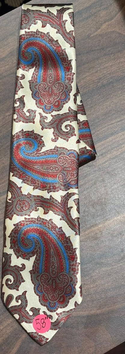 Cream, Blue, Red, Paisley Design Tie 100% Polyester 58”