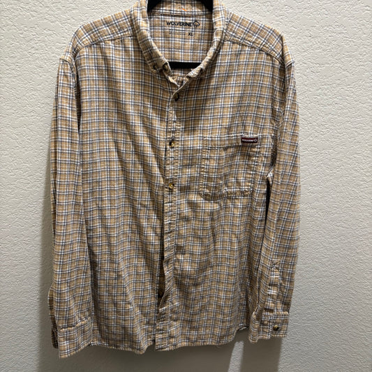 Wolverine Tan and Gray Plaid Button down shirt, long sleeve men’s size XL