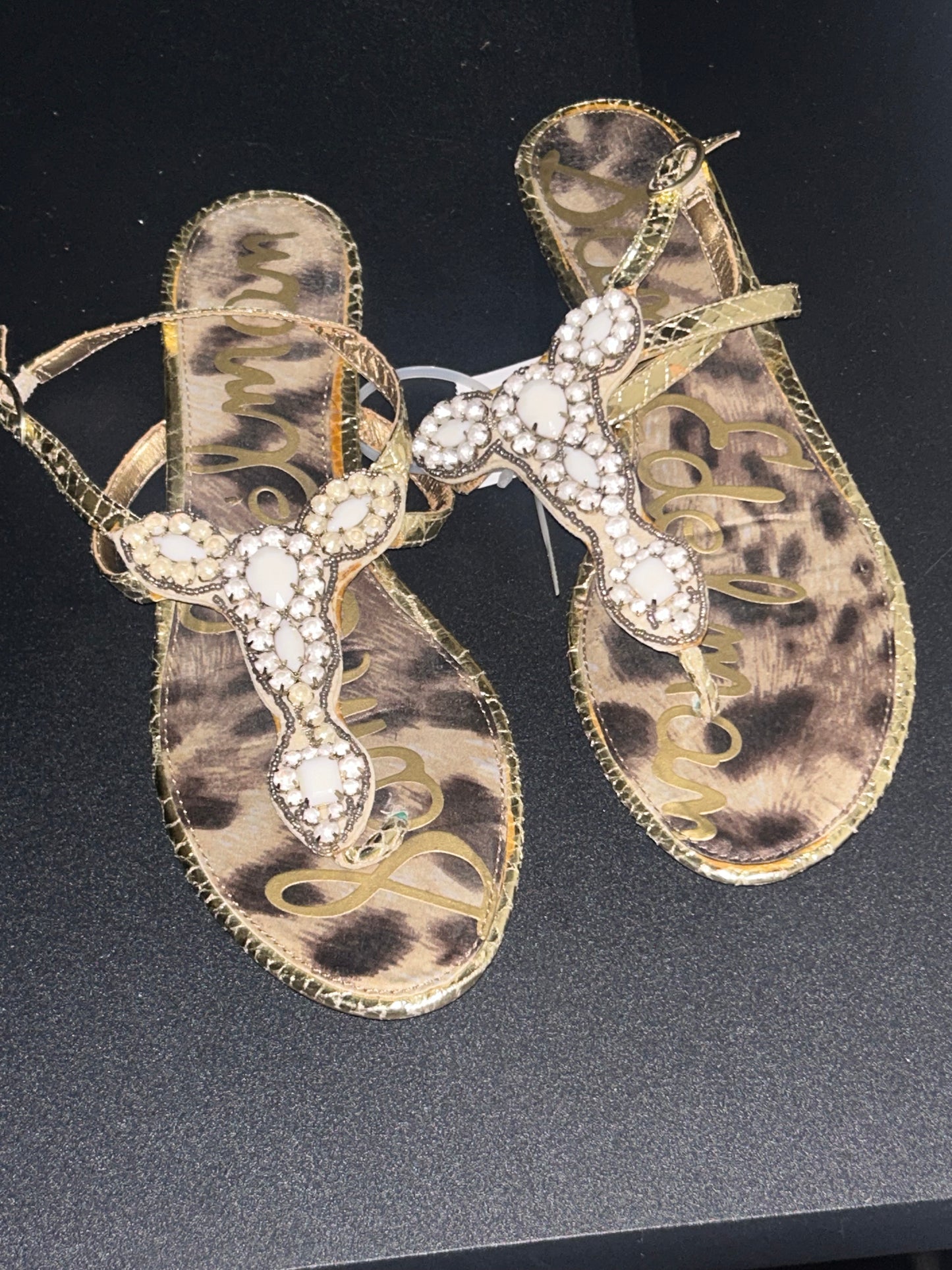 Sam Edelman Leopard Thong Sandals with White Beading size 8