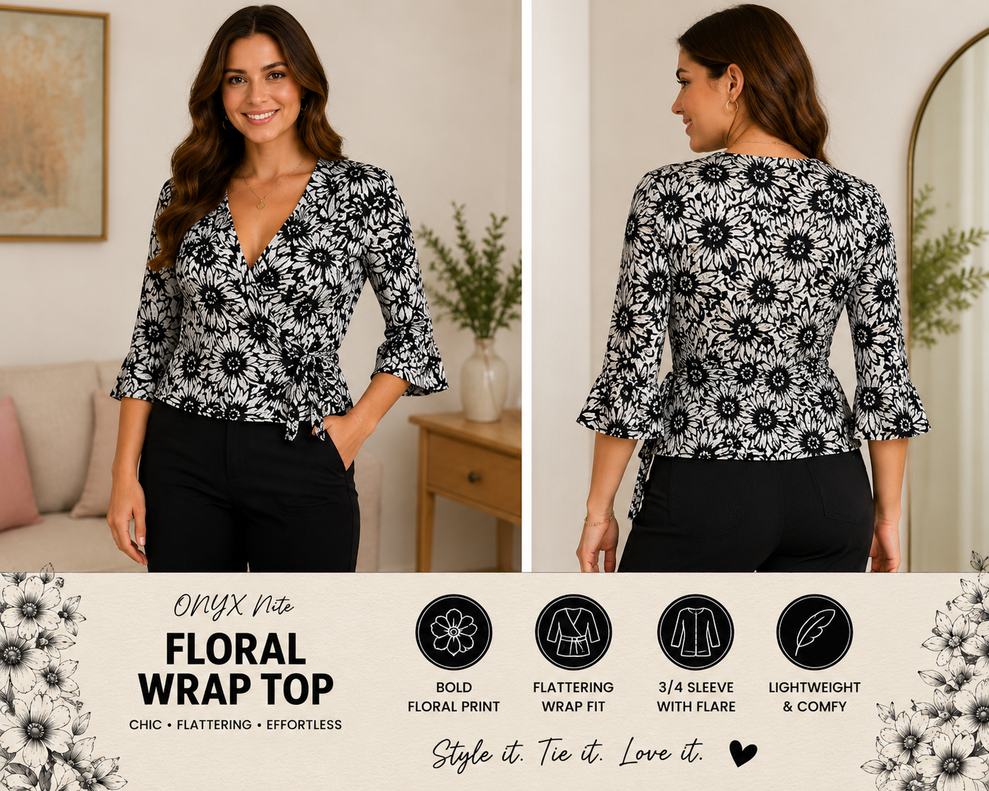 Onyx Floral Design Black and Silver Blouse Small