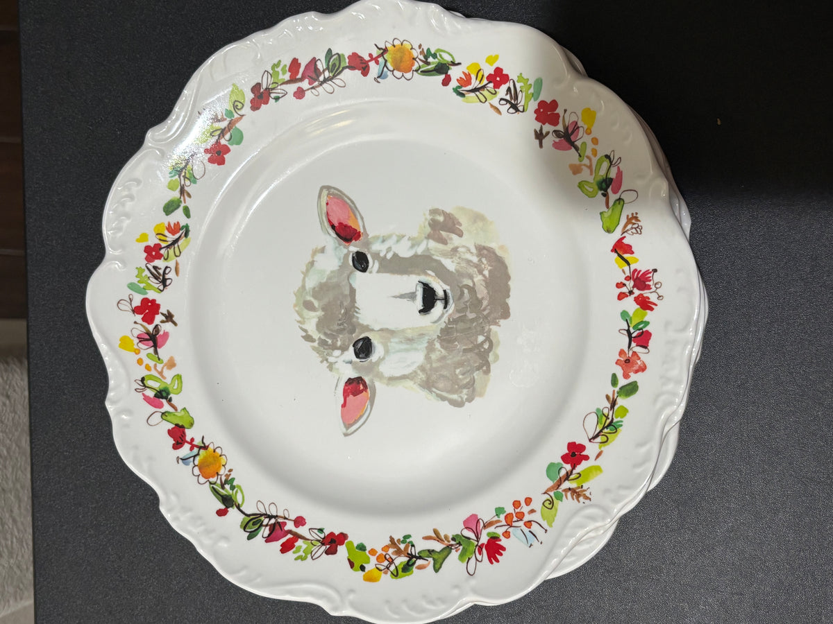 Farmhouse Farm Animal Dinner Plates set of 4 Plates  Rooster Cow Lamb Goat 8”