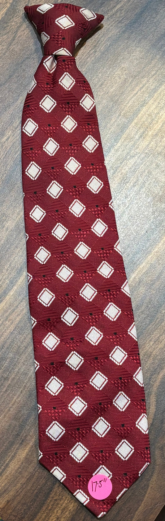 Boys Snapper Red Tie w/ white Diamond Pattern Clip On Tie 17.5”