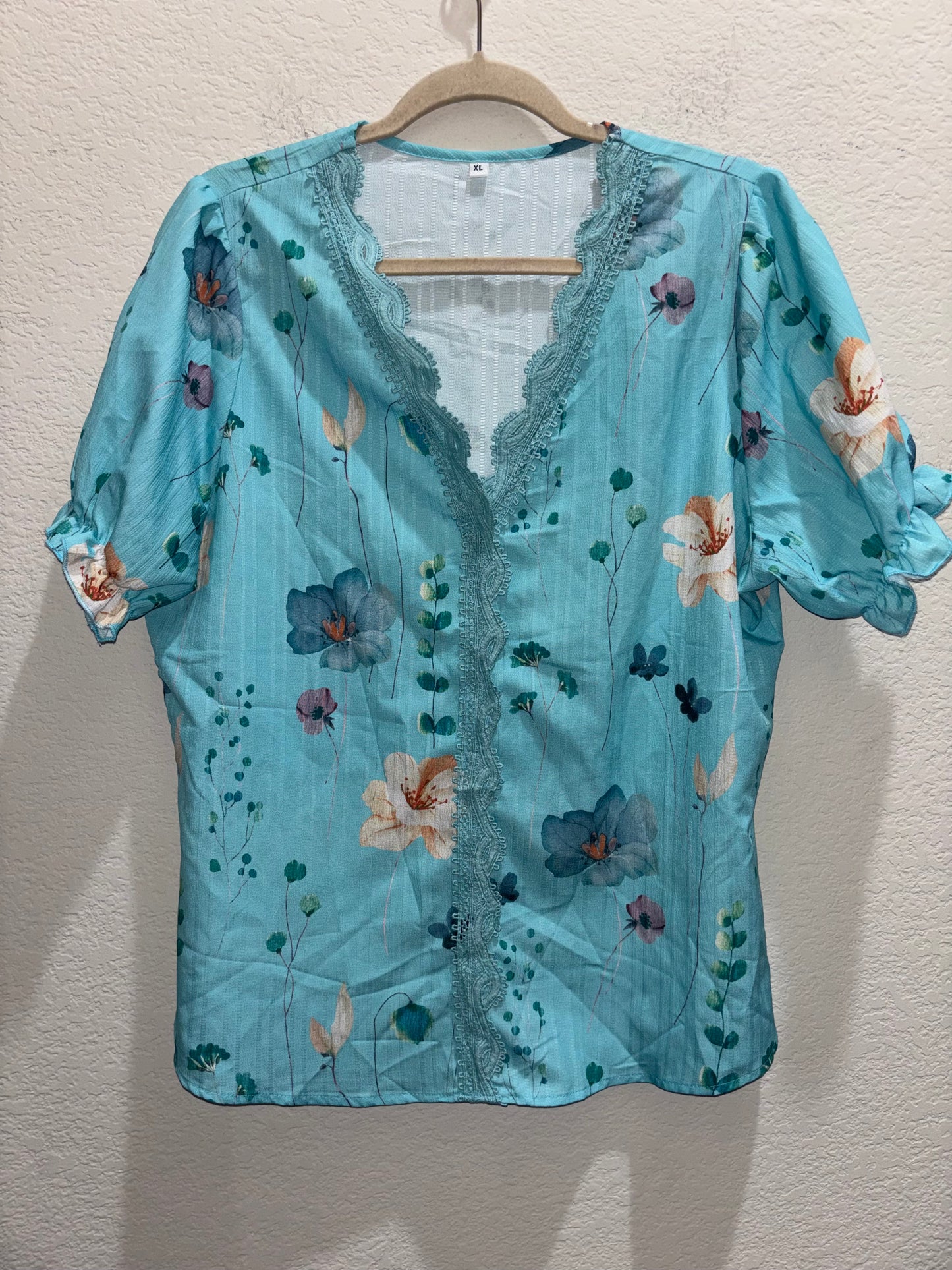 Turquoise V-Neck Lace Collar Blouse Floral by Pattern